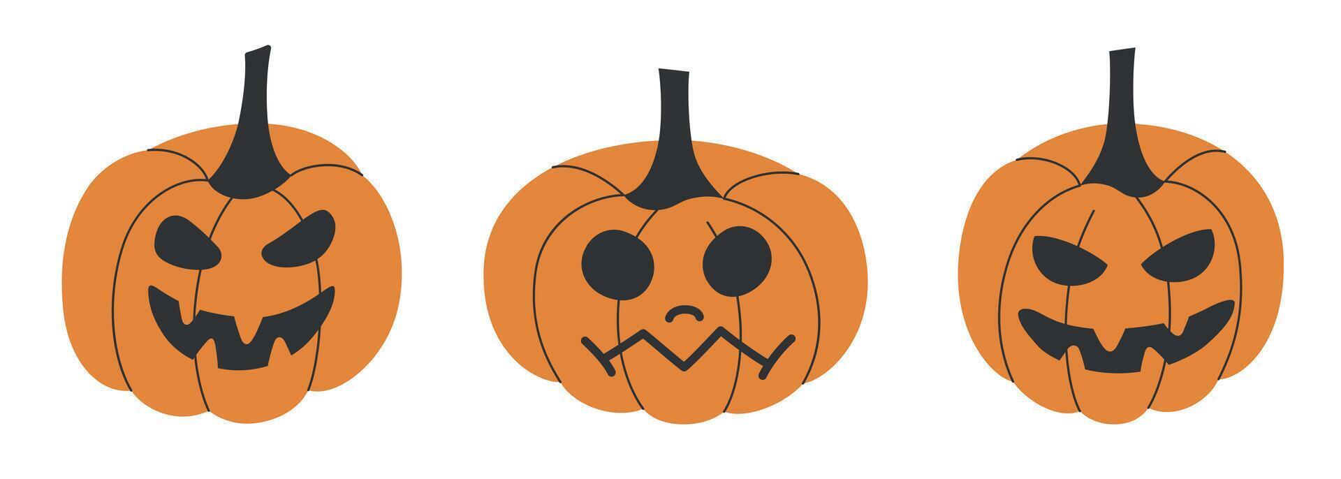 illustration set of three cartoon Jack-o-lanterns with different spooky faces. Halloween collection of flat designs in orange and black, jack o lantern pumpkins for autumn decorations vector