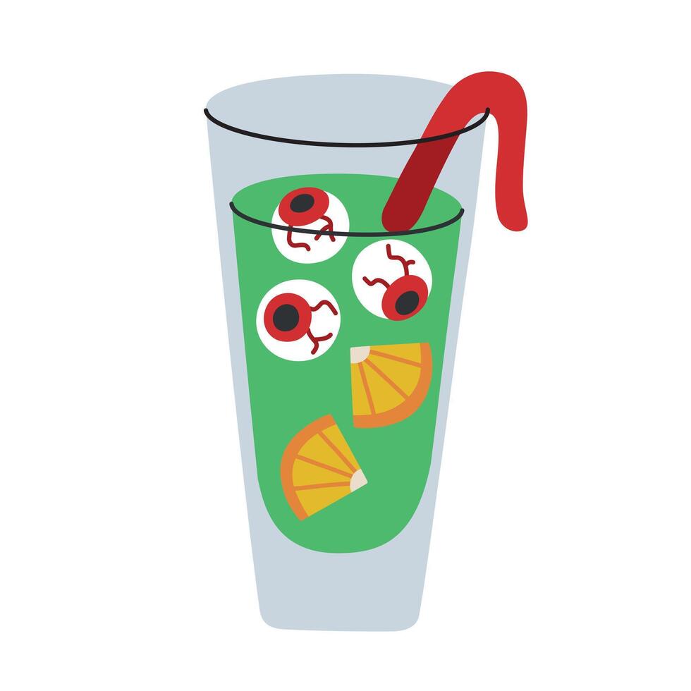 illustration of spooky Halloween punch in a tall glass, green sangria with floating eyeballs and orange slices, garnished with gummy worm. Flat, cartoon image for horror themed party decoration vector
