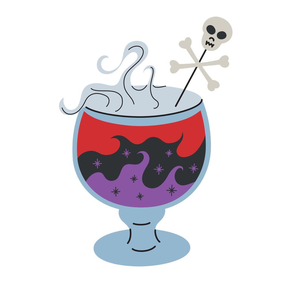 Halloween cocktail icon, illustration of steaming witch brew in cauldron glass, layered shimmering drink with dry ice, garnished with scull and bones, scary decor for themed parties vector