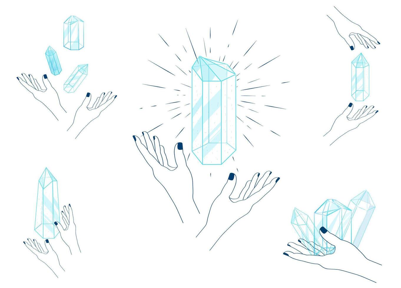 Set of Contour Quartz Crystals in a Outline Hand at White Background vector