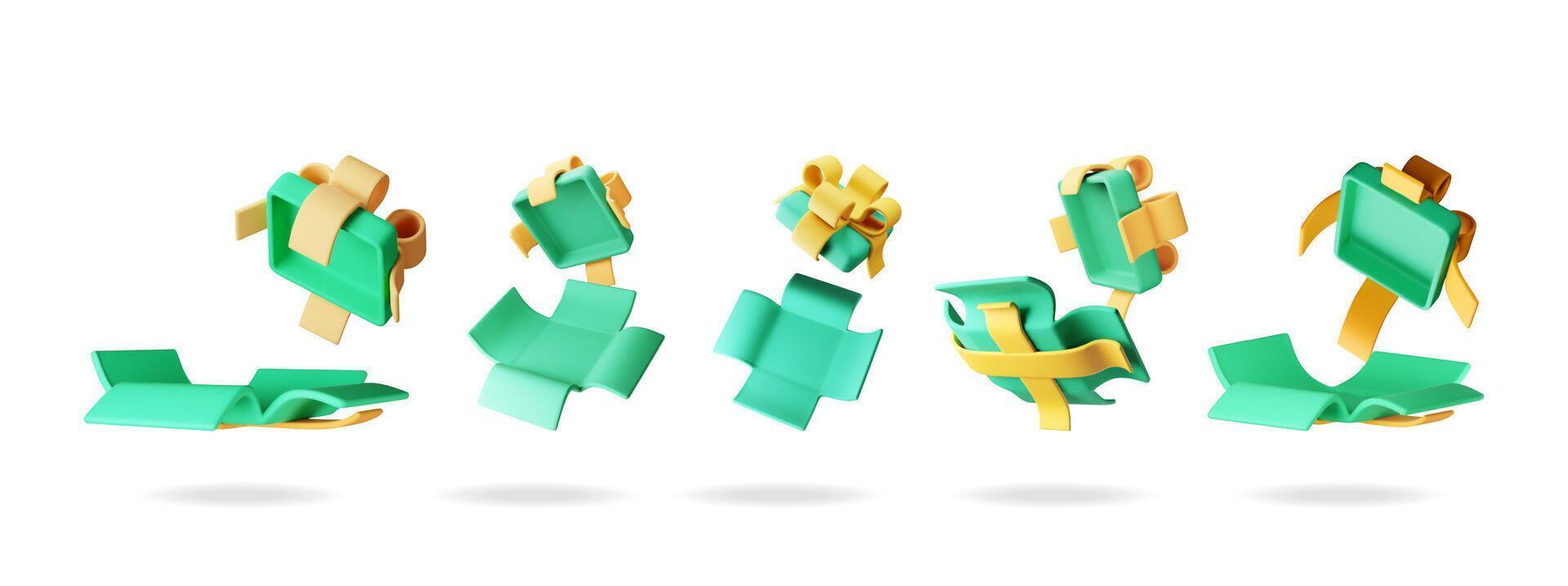 3D open gift box set isolated. Render collection of colorful box vector