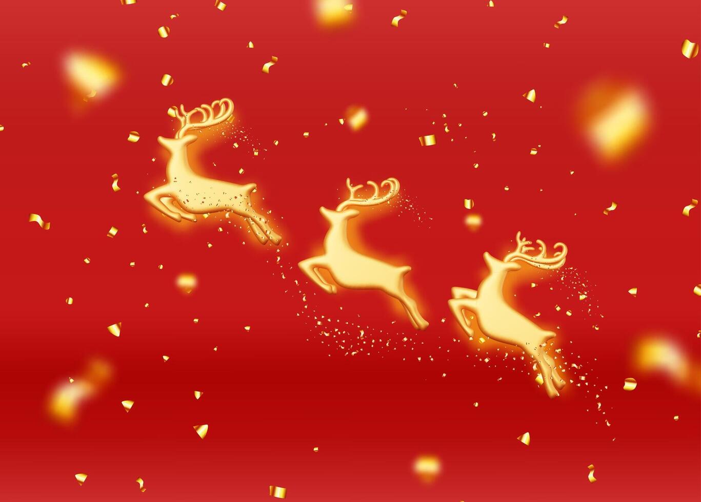 3D gold christmas deer in confetti banner. Render golden deer figurine vector