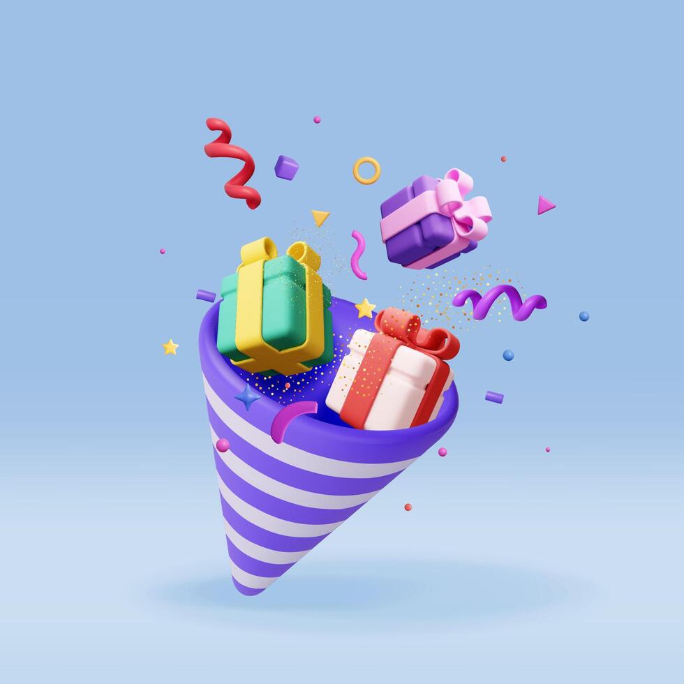 3D party popper with confetti isolated. Render plasticine confetti collection vector