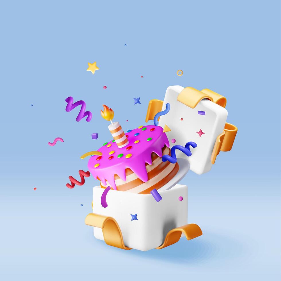 3D cake with candle with confetti in gift box. Render chocolate layer cake decorated with purple glaze icing. vector