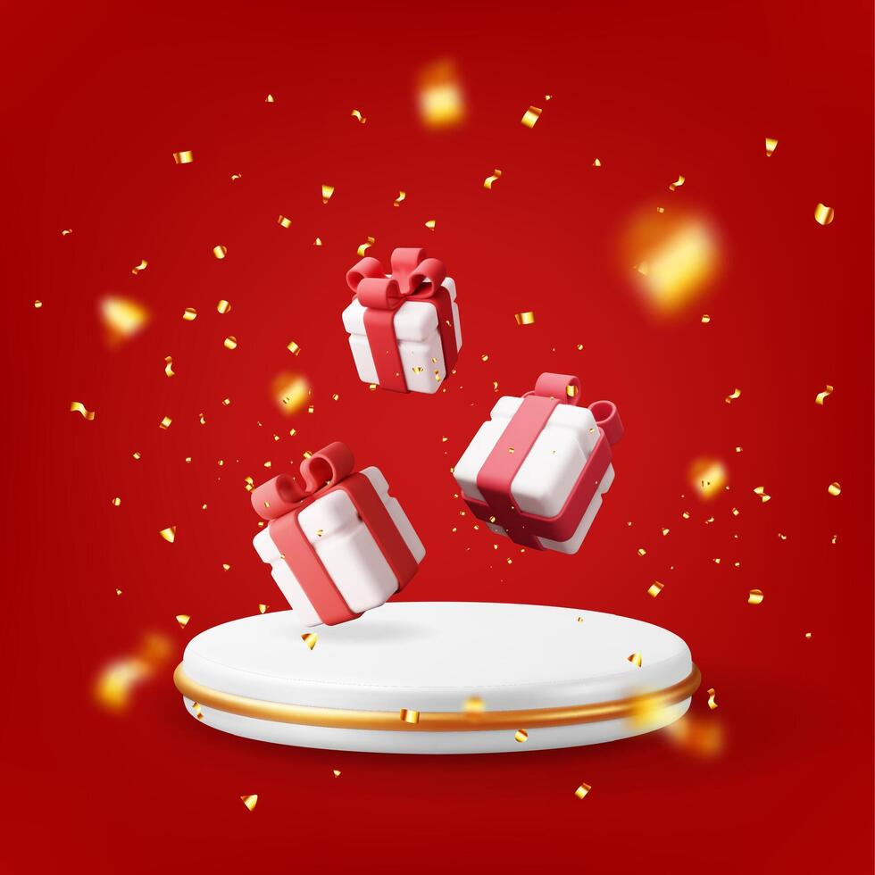 3D gift boxes with white podium in confetti vector