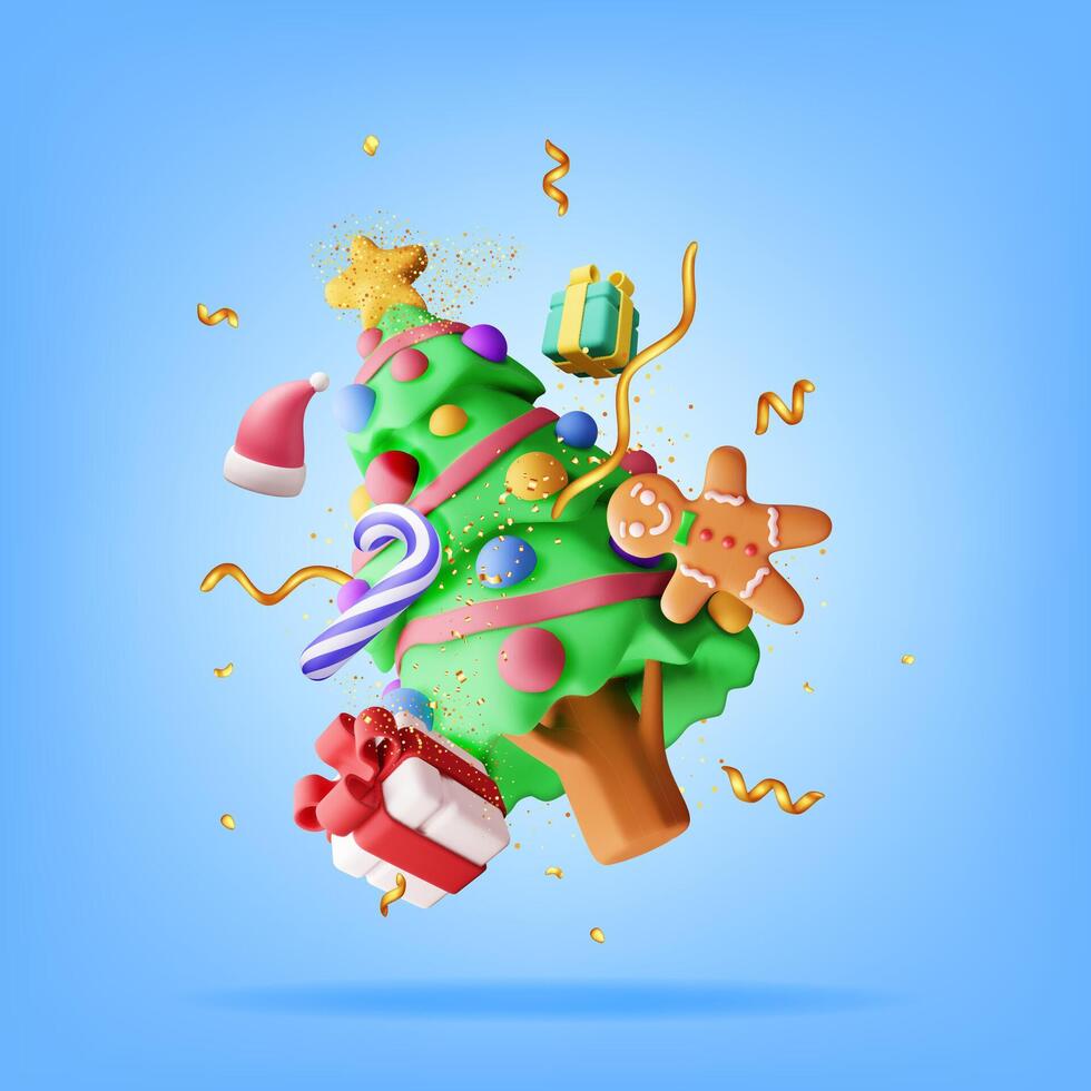 3D Christmas tree decorated with gift boxes, colorful balls, garland lights, golden star. vector