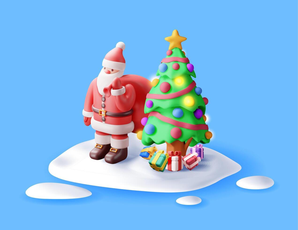 3D santa claus with gift bag and christmas tree in snowdrift. vector