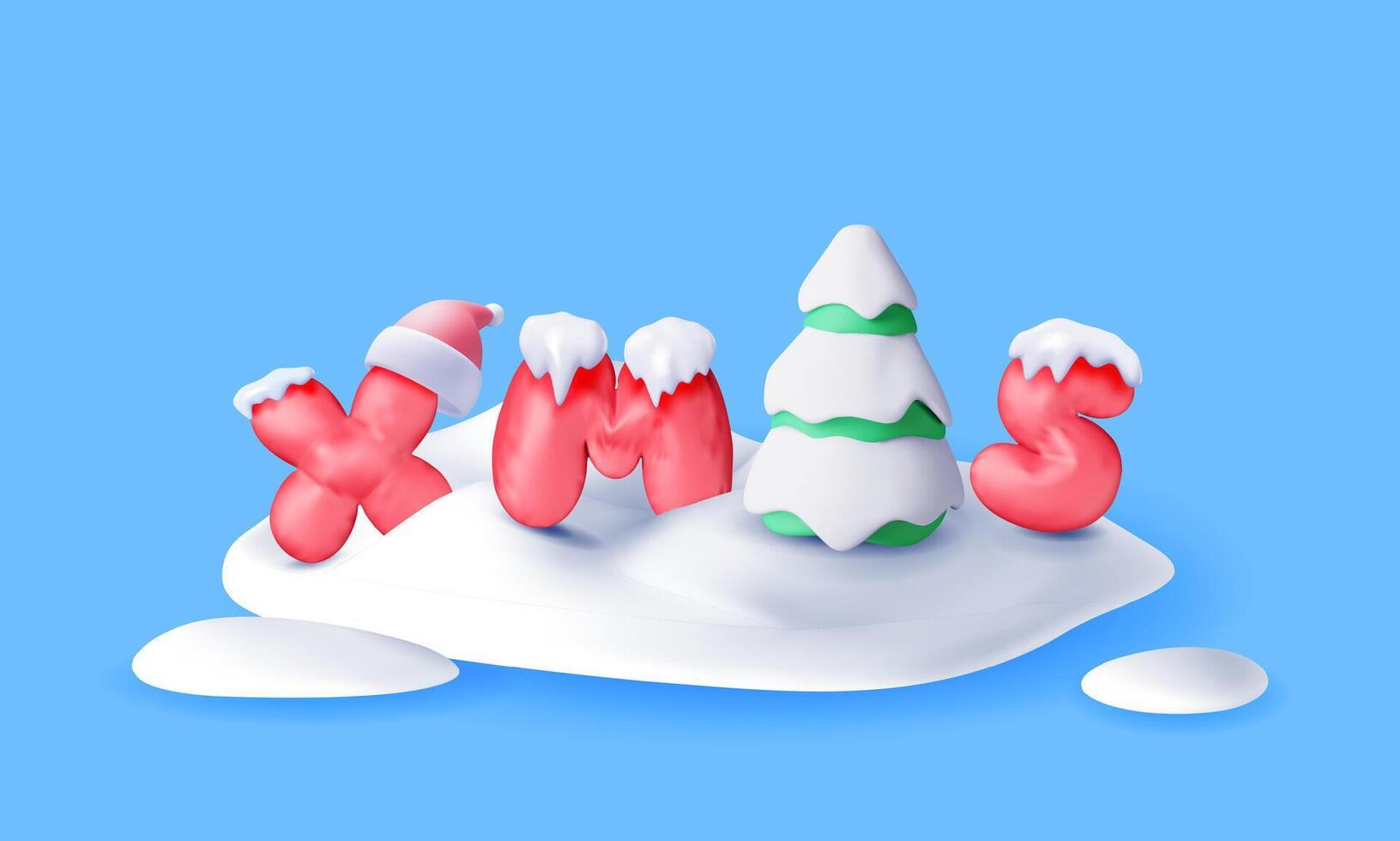 3D Christmas tree in snow and red balloon xmas word in snowdrift. vector