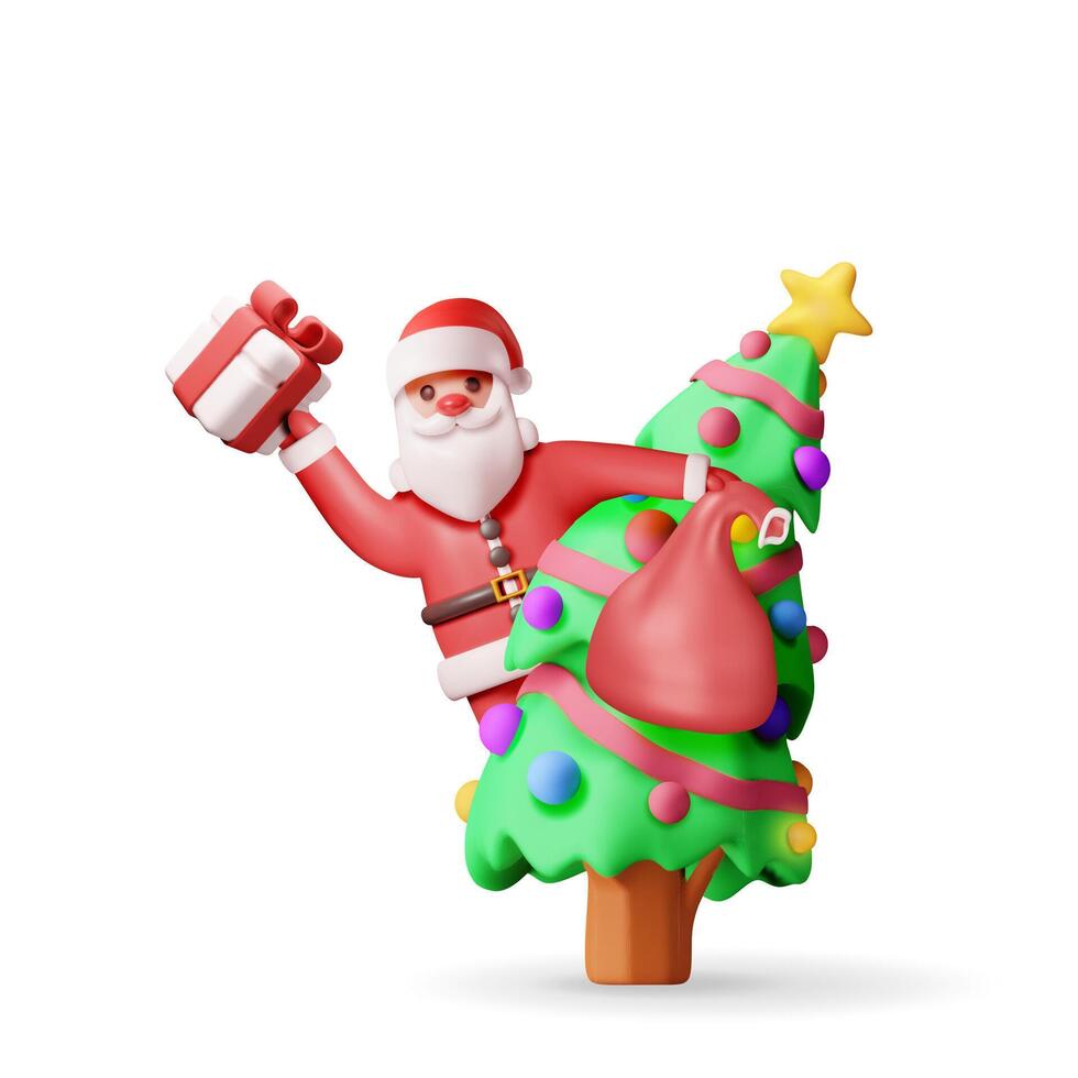 3D santa claus with gift bag and christmas tree. Render happy new year decoration. vector
