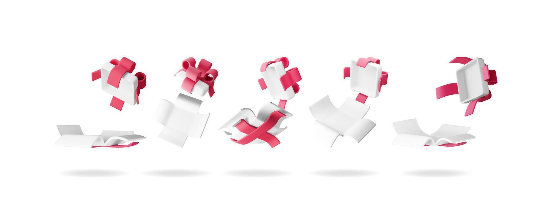 3D open gift box set isolated. Render collection of colorful box vector