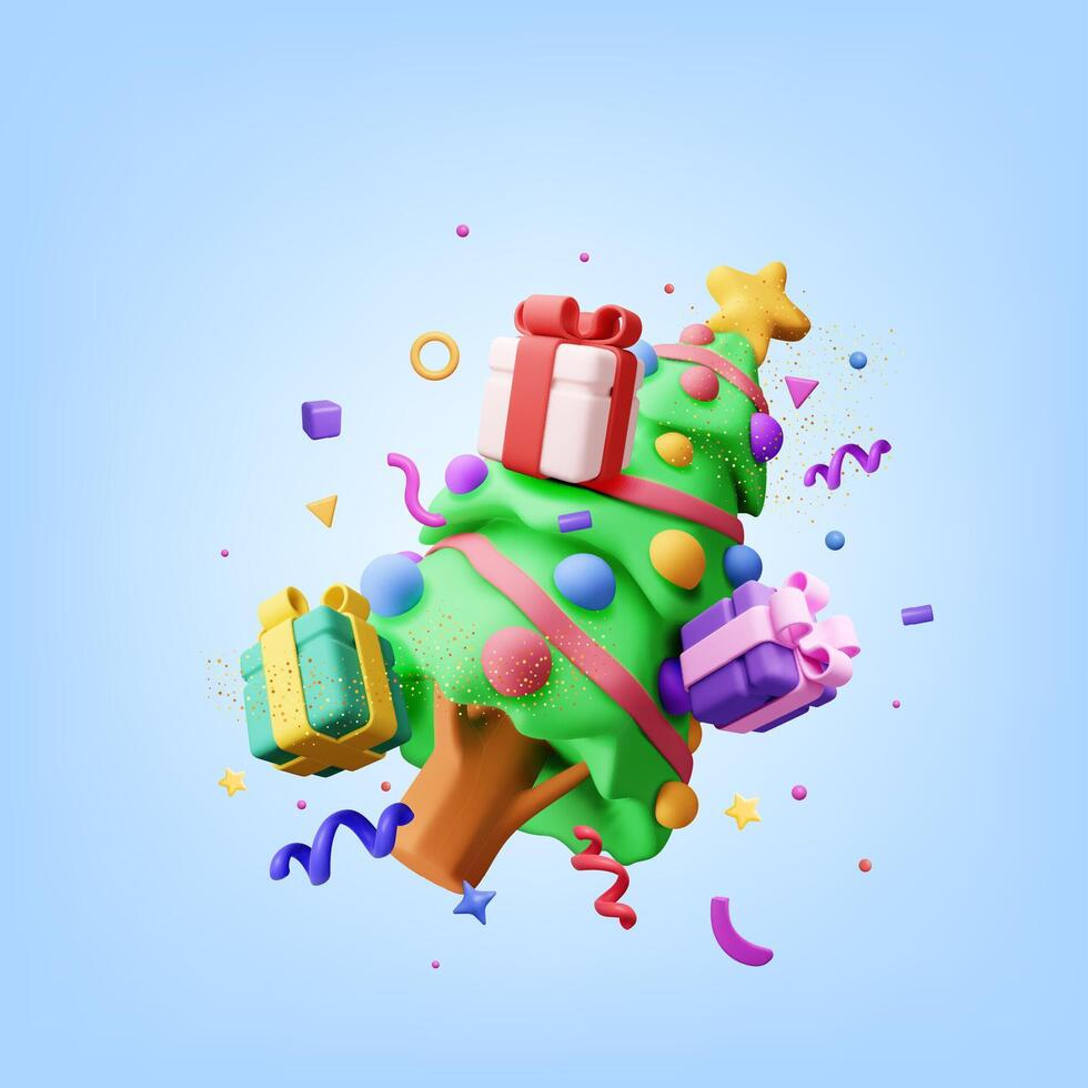 3D Christmas tree decorated with gift boxes, colorful balls, garland lights vector