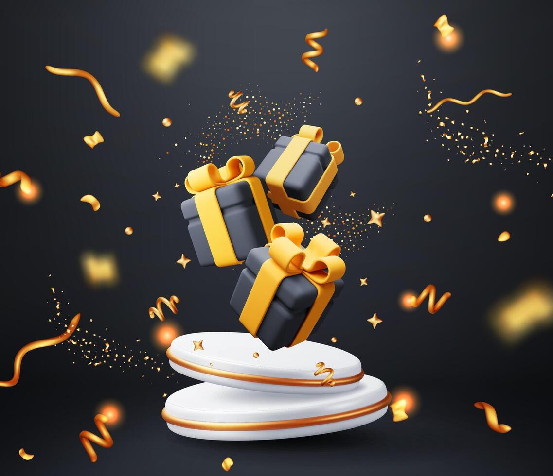 3D gift boxes with white podium in confetti. vector