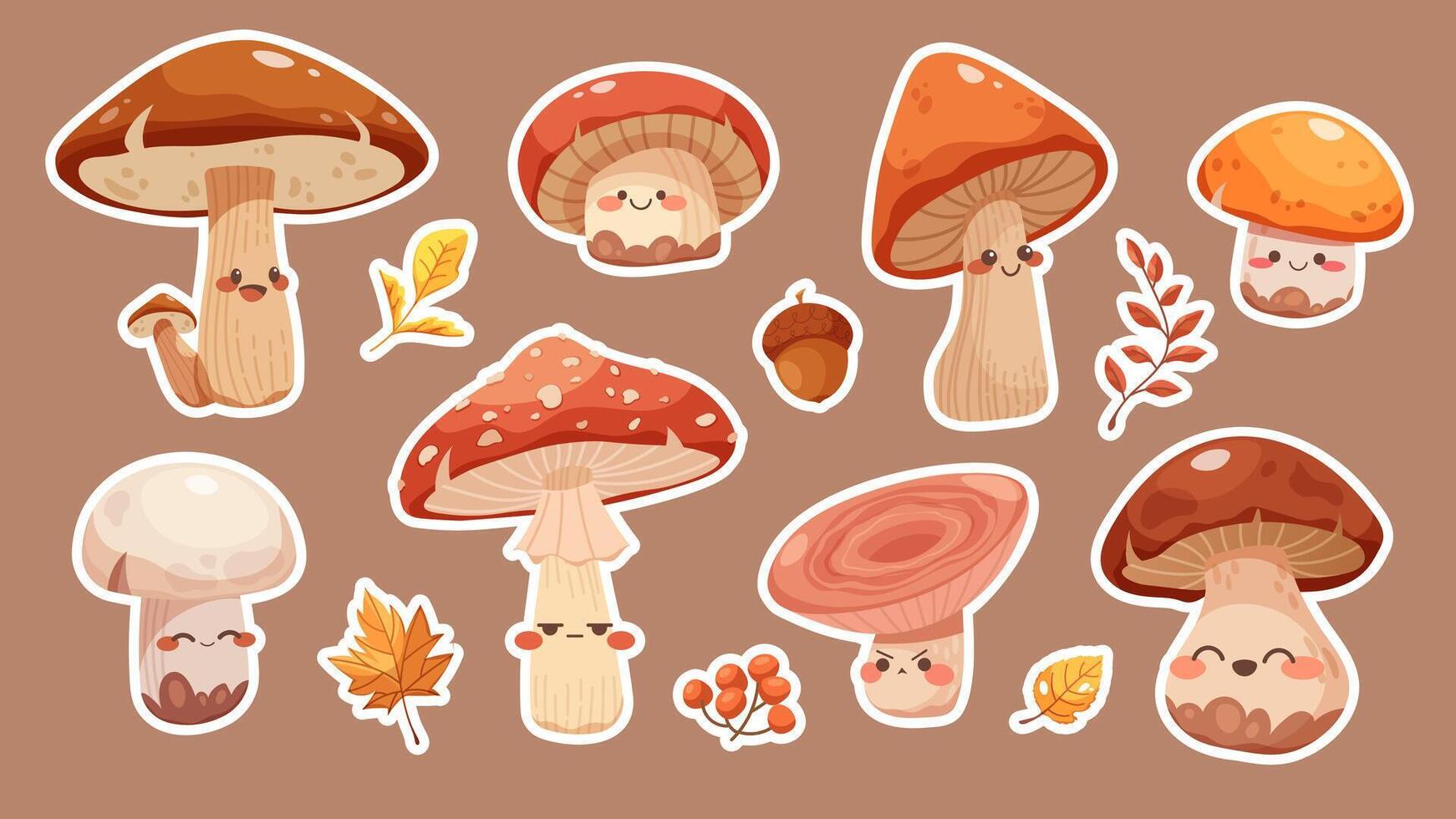 Set of kawaii autumn stickers. Characters fall forest mushrooms with emotions, leaves, natural materials. drawn icons vector