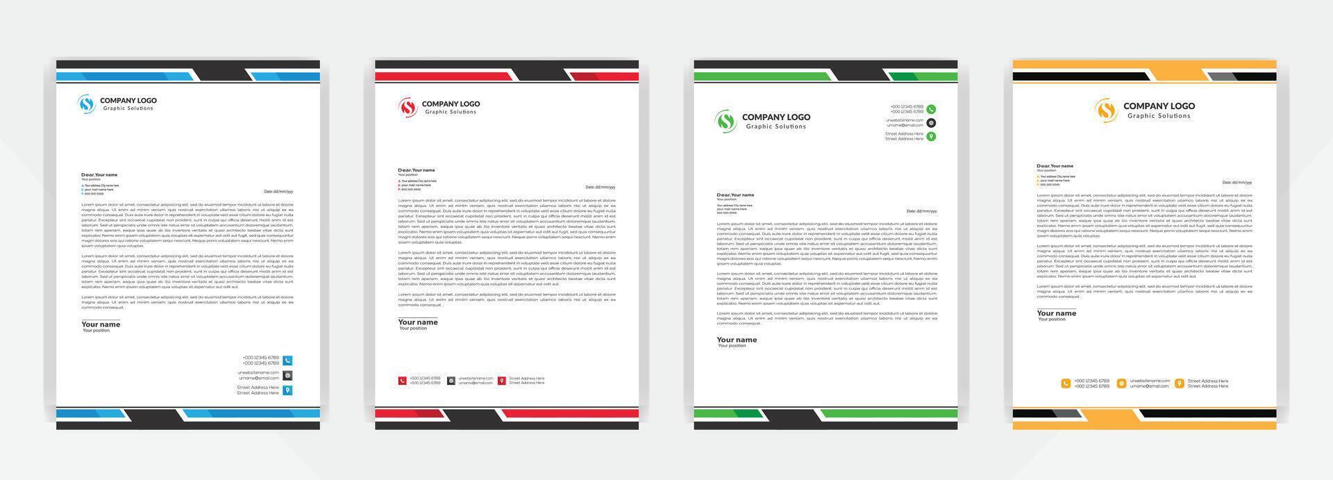 Modern Corporate professional and creative letterhead design template with Blue, gray, green, yellow, black and red color. Clean letter head, Business letterhead template design. vector