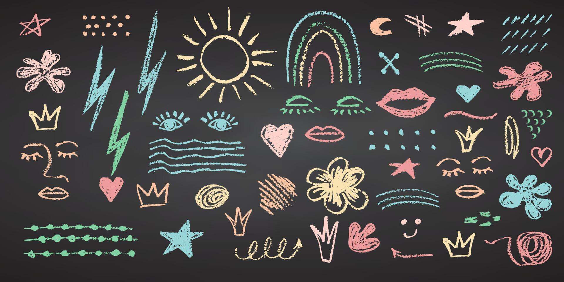 Charcoal pencil hand drawing curly groovy shapes, splash and squiggles. Color chalk elements on black chalkboard Grunge chalk crayon scribbles doodles texture Rough crayon stroke illustration vector