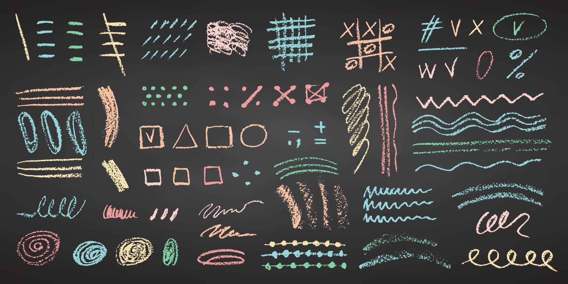 Charcoal pencil hand drawing splash and shapes Color chalk elements on Black chalkboard Grunge chalk crayon scribbles doodles textures Rough crayon strokes. illustration vector