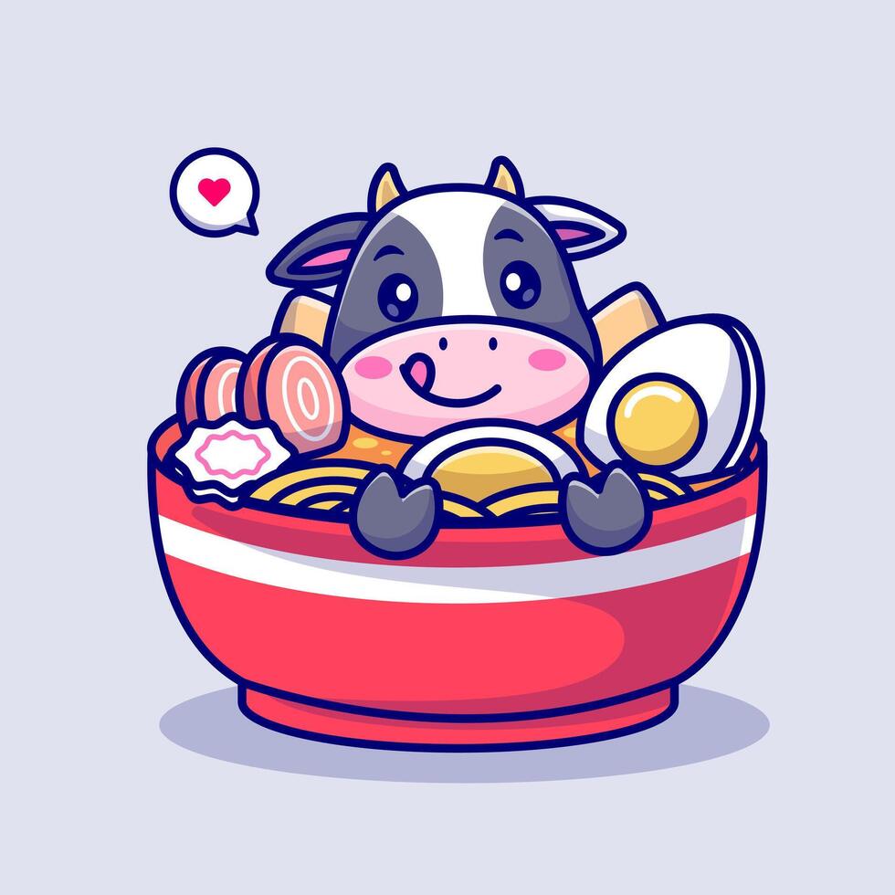 Cute Cow In Ramen Noodle Bowl Cartoon vector