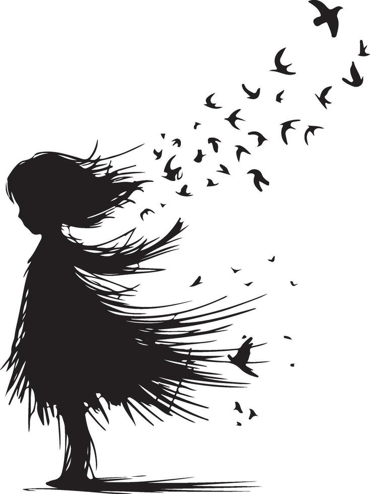 haphazard line scribble of a girl dissolving into birds vector