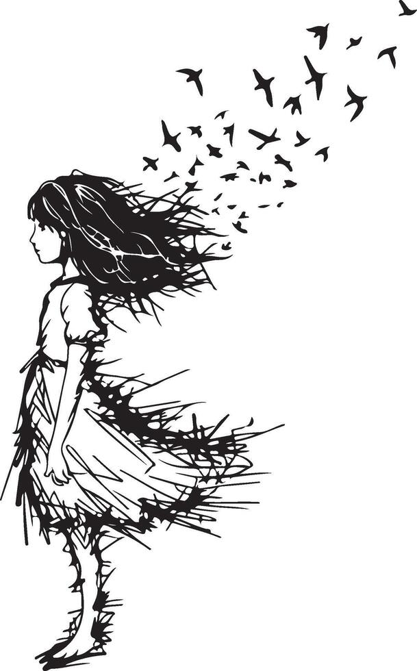 A logo with a haphazard line scribble of a girl dissolving into birds vector
