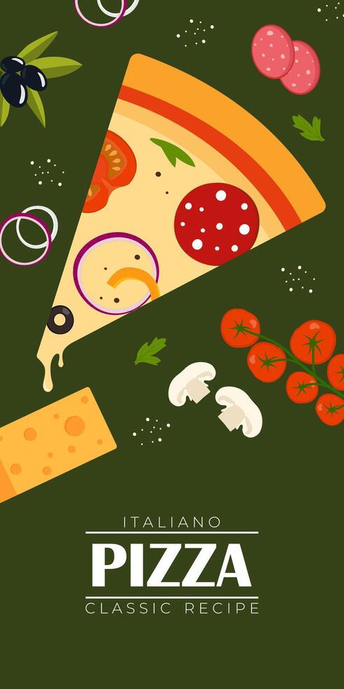Pizza Flyer Design Template. Cooking, cafe and restaurant menu, food ordering, junk food. illustration for banner, poster, flyer, cover, menu, brochure. vector