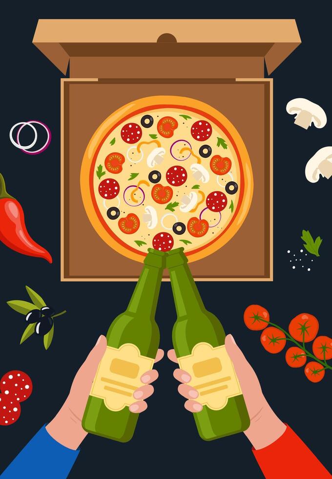 Cheers with beer bottles. Pizza in box. Friends toast on pub or bar party. Hungry friends eating fast food together. Hands holding bottles with alcohol drinks. illustration. vector