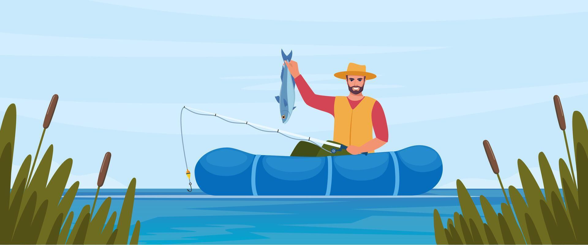 Man fishing. Fisherman at lake or river. Man in vest and hat. Guy in rubber boat catching a fish. Outdoor recreation, leisure time. illustration. vector