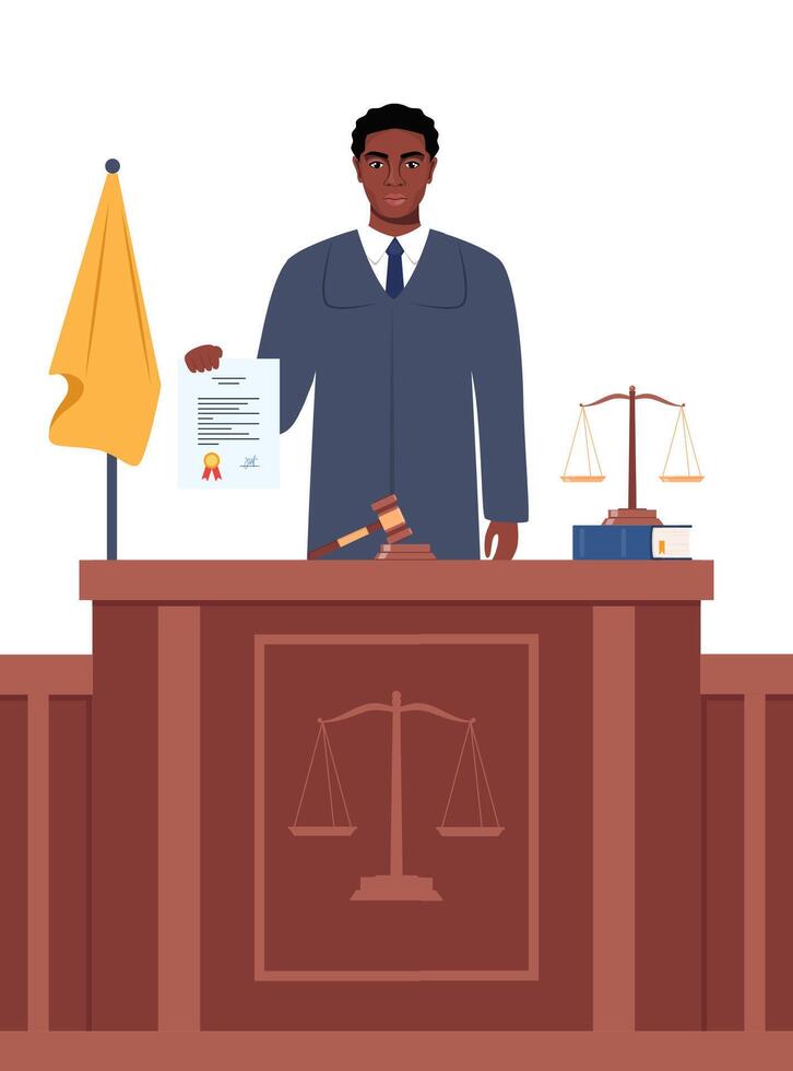 Judge with hammer. African American Man in black robe with gavel. Jurisprudence, justice and law. Legal and sentencing. Judgement concept. illustration. vector