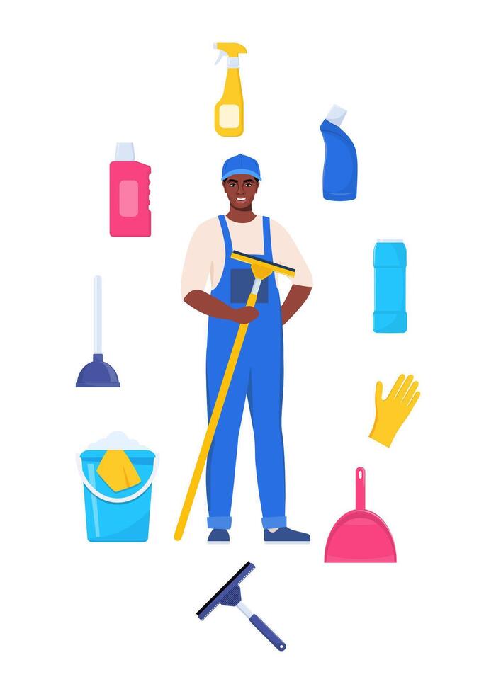 Man dressed in uniform with mop. Worker of cleaning service. Cleaning tools and detergent. Bucket, scoop, brush, washing powder, bottle of spray, sponge, glass scraper, rubber gloves. . vector