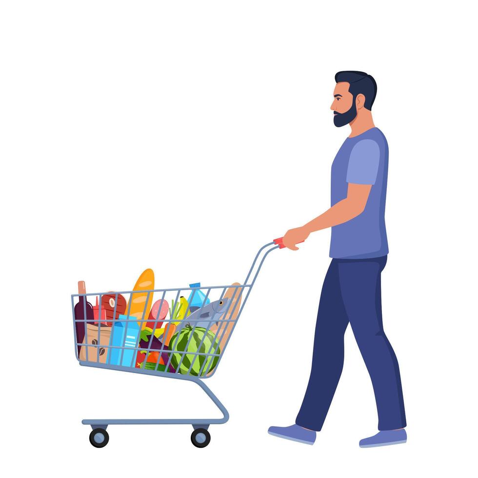 Man with a shopping cart full of goods. Cheerful male buys food in grocery store. Supermarket trolley. illustration. vector