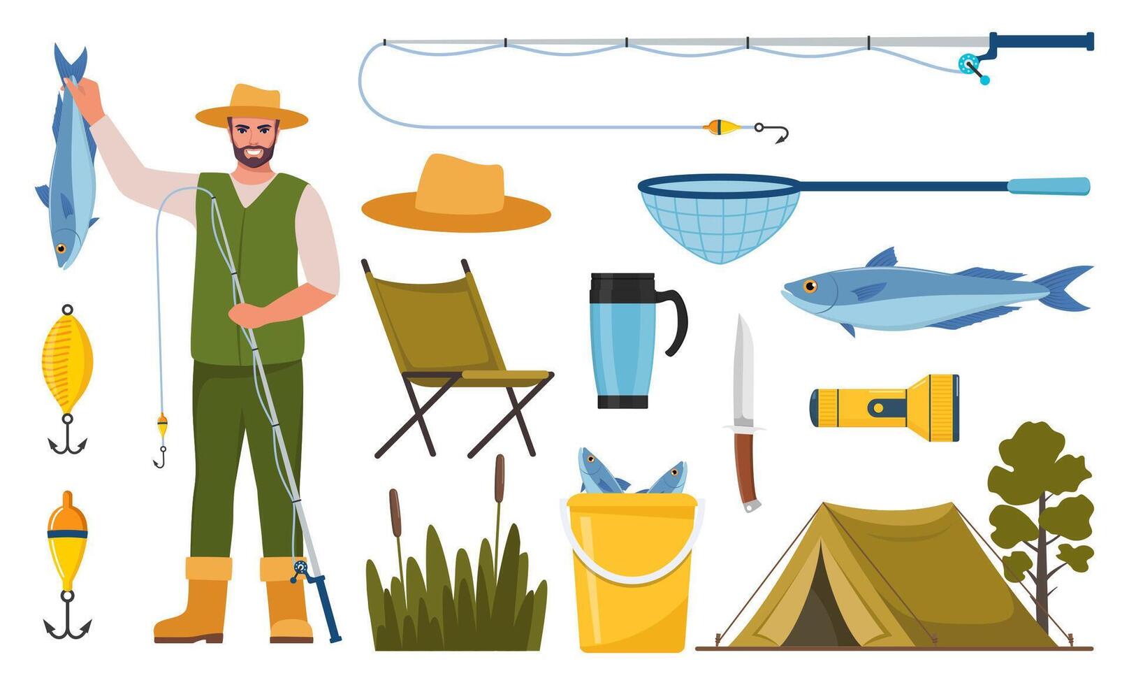 Fisherman and Equipment for fishing. Fishing rod, float, inflatable rubber boat, landing net, fishers clothes, hook, fish, hat, flashlight, boots. Outdoor activity, recreation, hobby. . vector
