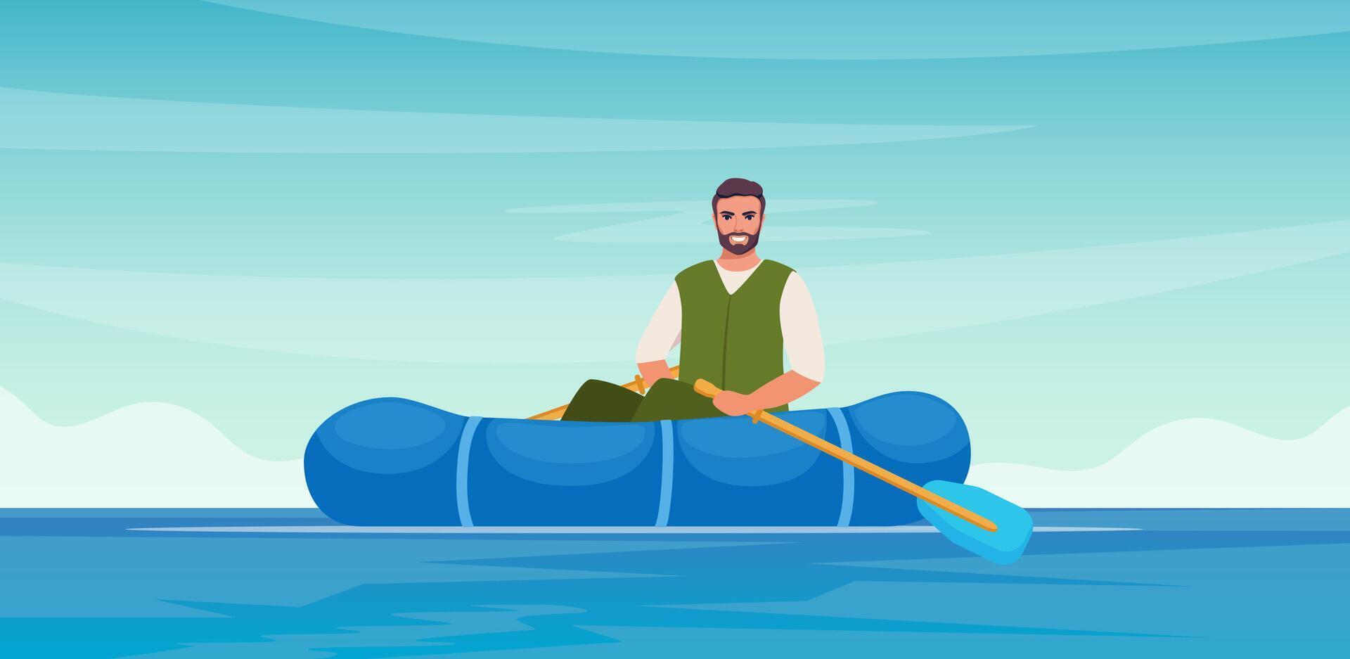 Man in rubber boat at lake or river. Man in vest and hat. Outdoor recreation, leisure time. illustration. vector