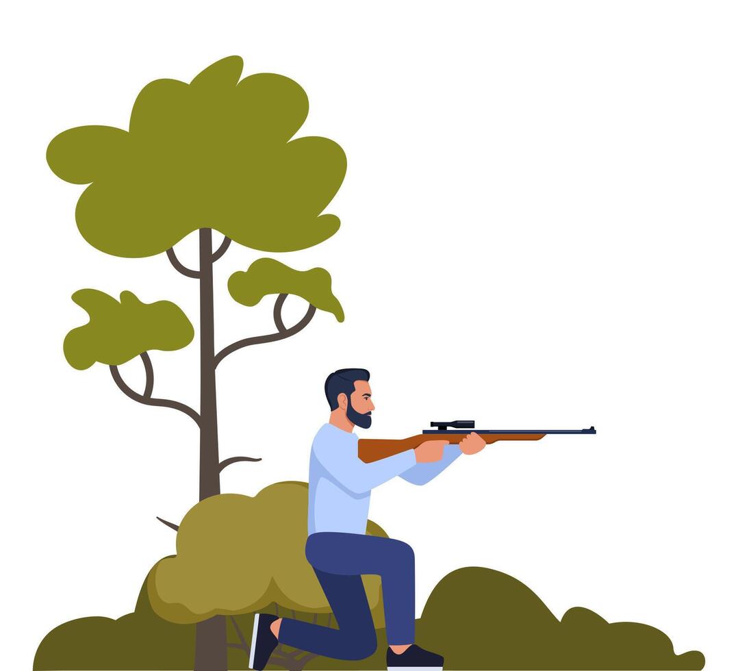 Sport shooting. Aiming man with rifle. Outdoor hobby, hunting. Man shooter defends property. Military outdoor skills. . vector