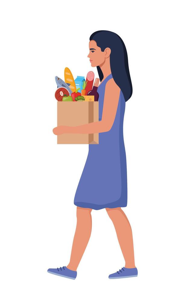 Woman going with paper bag of groceries. A girl buying food, vegetables, bread. Grocery shopping. illustration. vector