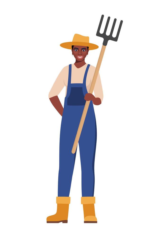 Black woman farmer holding pitchfork in hand. Farming work, gardening. Agricultural worker with garden tool. Woman gardener, agronomist. illustration. vector