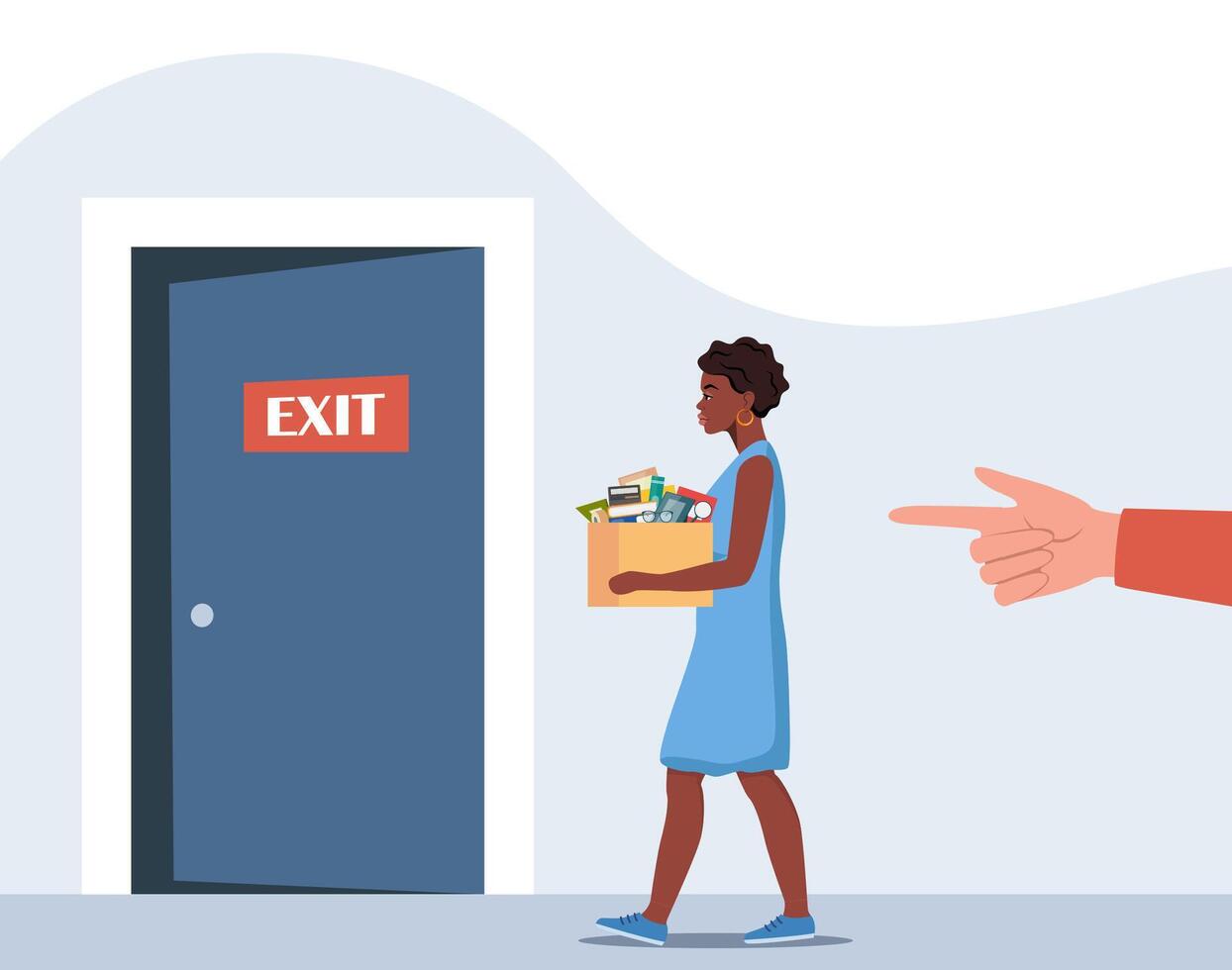 Dismissal, employee replacement. Unhappy black woman dismissed from job, leave office with stuff in box. Unemployment dismissal of workers. Layoff, crisis. illustration. vector