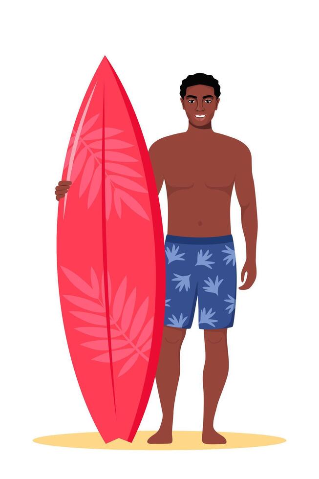 Young black man surfer with surfboard standing on the beach. Smiling surfer guy. illustration. vector