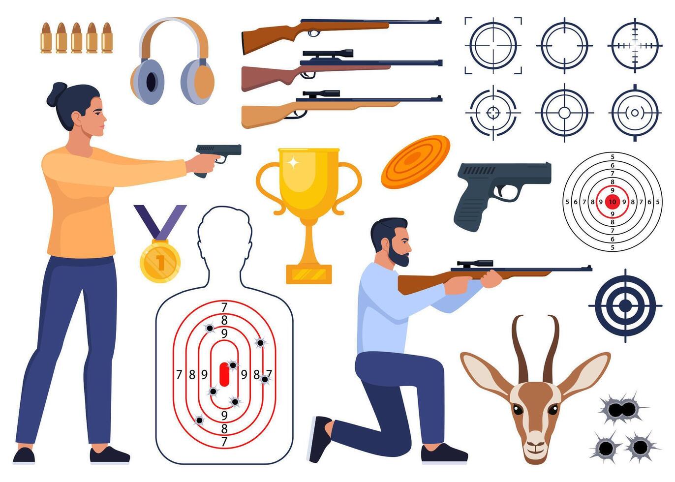Shooting and hunting equipment elements. Shooting Skeet. Shooting club and range weapons and accessories. Shooter, rifle, bullet, headphones, gold cup, medal. Human, animal shoot target. . vector