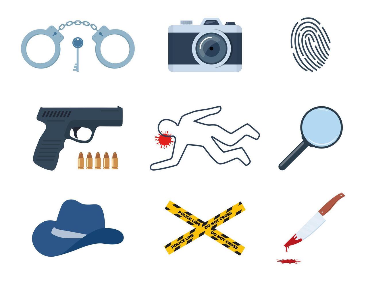 Murder investigation icon set. Police detective equipment. Investigation tools. Crime symbols. Criminology Police Crime Investigation Scene elements. vector