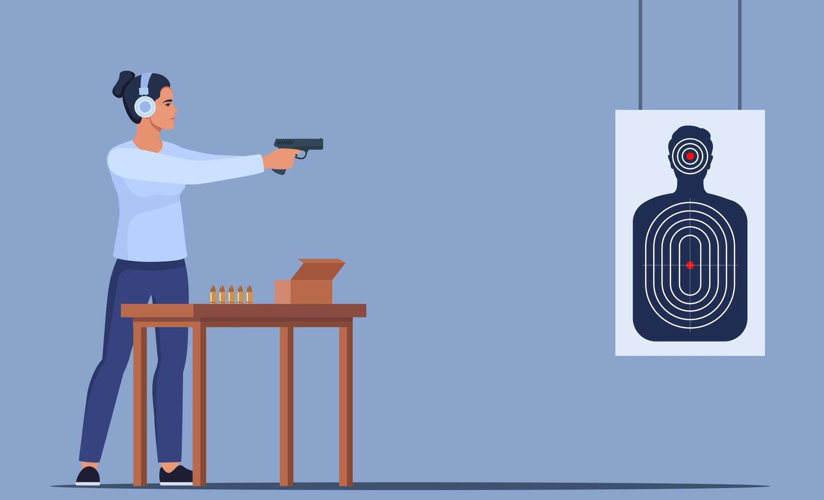 Focused Woman Practicing Shooting Skills At Indoor Range. Female Character In Ear Protection Stands Confidently, Aiming Pistol At Target. illustration. vector