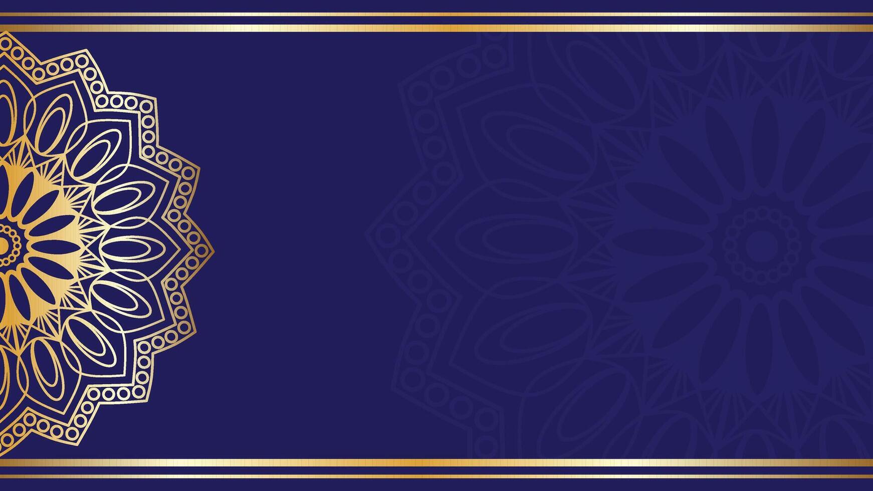 A luxurious mandala background featuring intricate gold patterns set against a rich, deep blue backdrop. The design combines traditional elegance with modern sophistication. vector