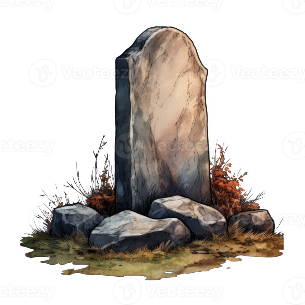 A Stone Gravestone Surrounded by Rocks and Bushes png