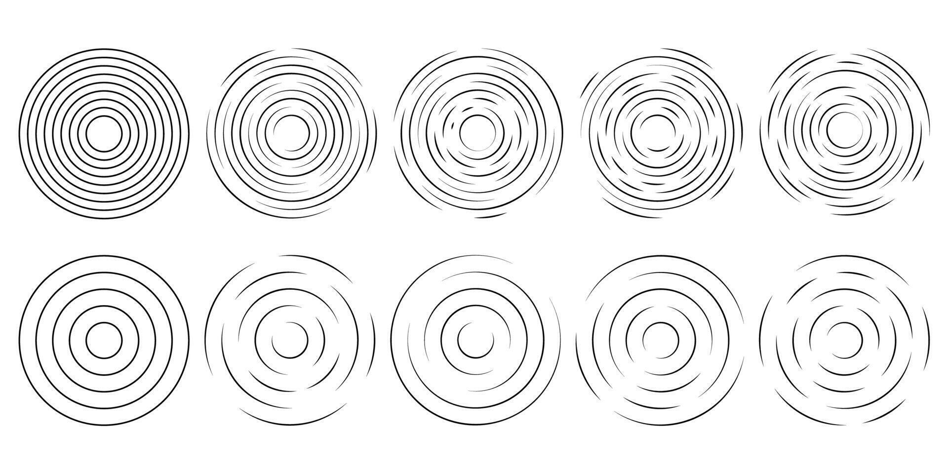 Set of circular ripple icons. Concentric circles with broken lines isolated on white background. Vortex, sonar wave, soundwave, sunburst, signal signs. graphic illustration vector