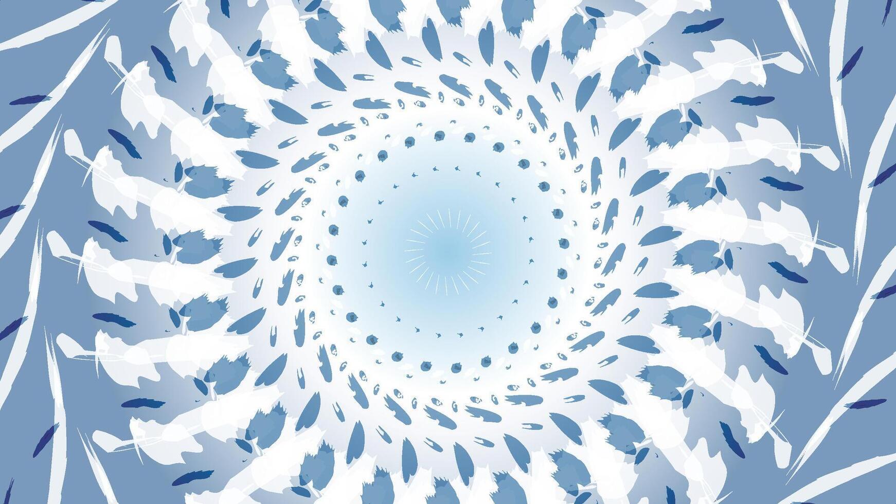 A hypnotic abstract illustration featuring swirling feathers in shades of blue and white, forming a radial pattern with a soft gradient center. The design evokes movement, calmness, and symmetry. vector