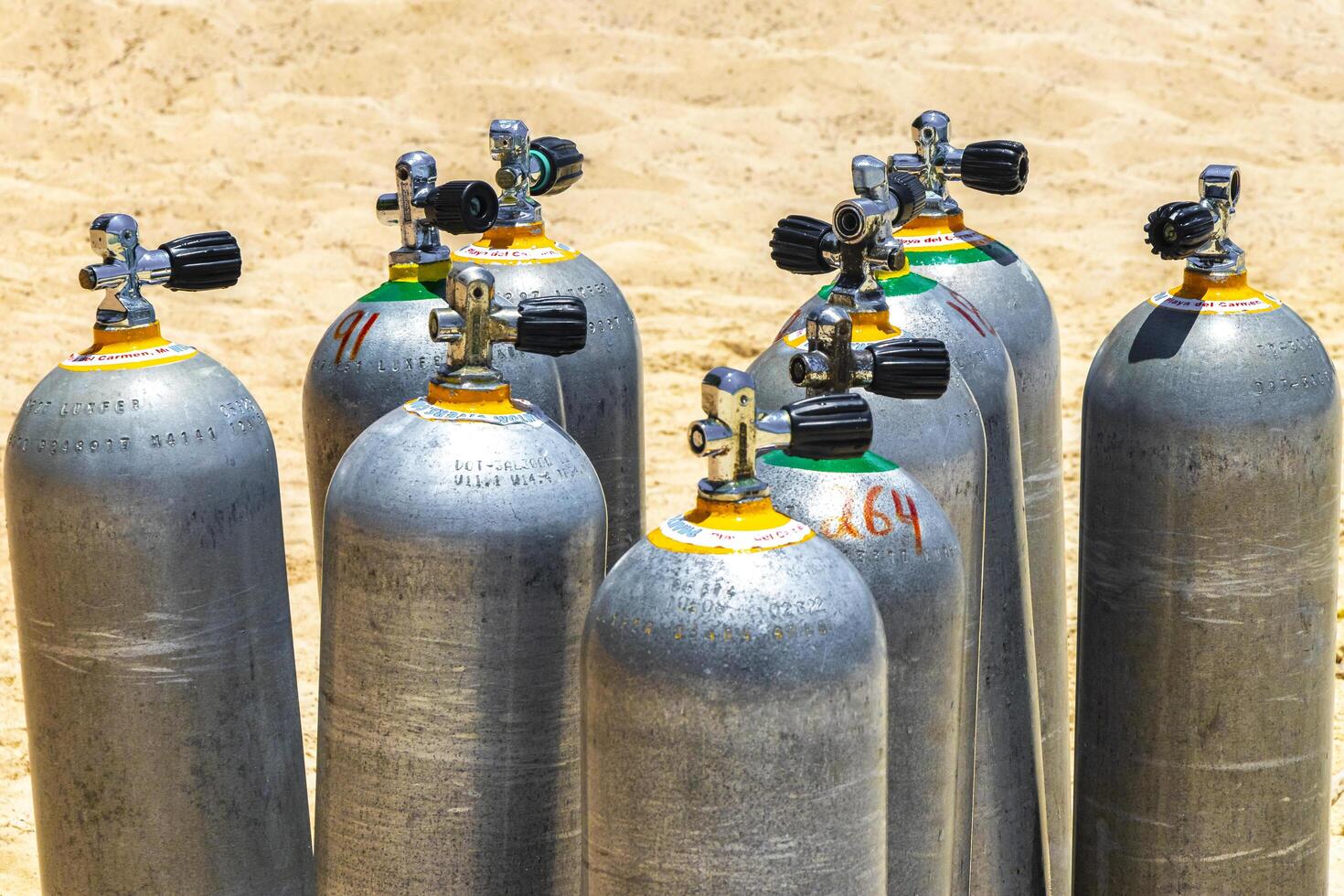 Playa del Carmen Quintana Roo Mexico 2023 Cylinders and diving equipment during preparation in Mexico. photo