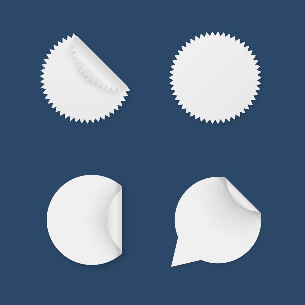 Realistic set of white rounded paper stickers mockup with folds set collection, vector