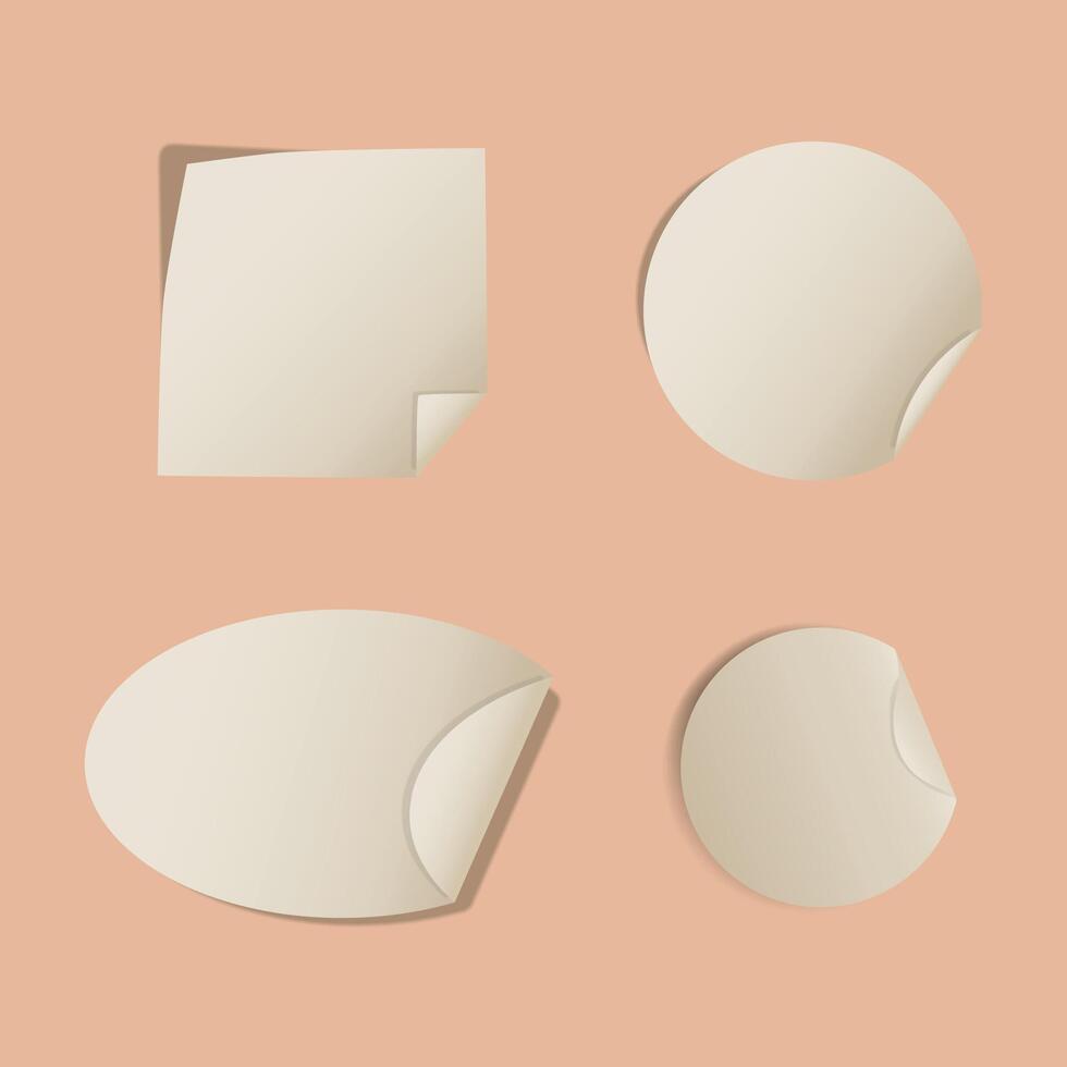 Realistic old and vintage set white round paper adhesive stickers mockup with curved corner and shadow. vector