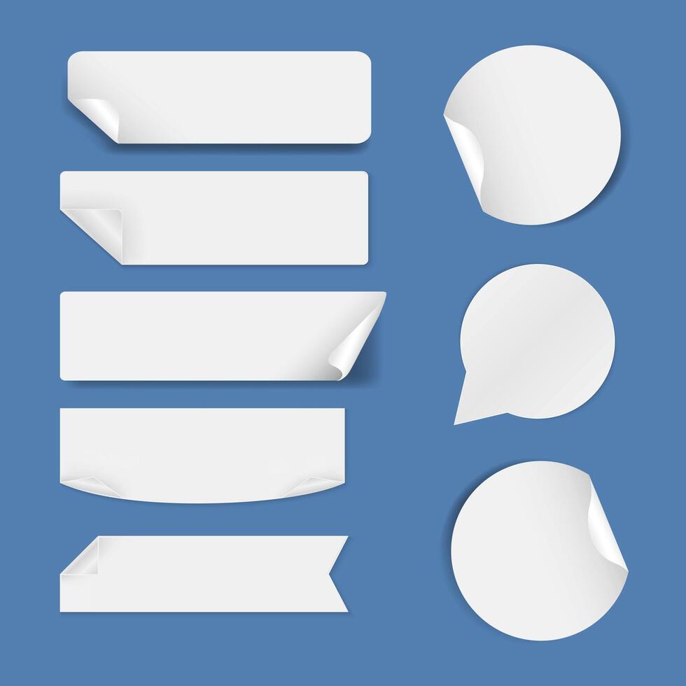 Set of white paper stickers on white background. Round, rectangular. vector