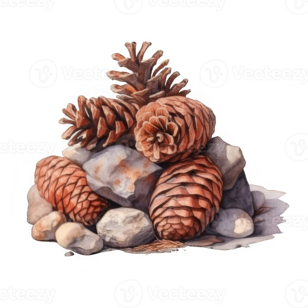Watercolor painting of pine cones and rocks png