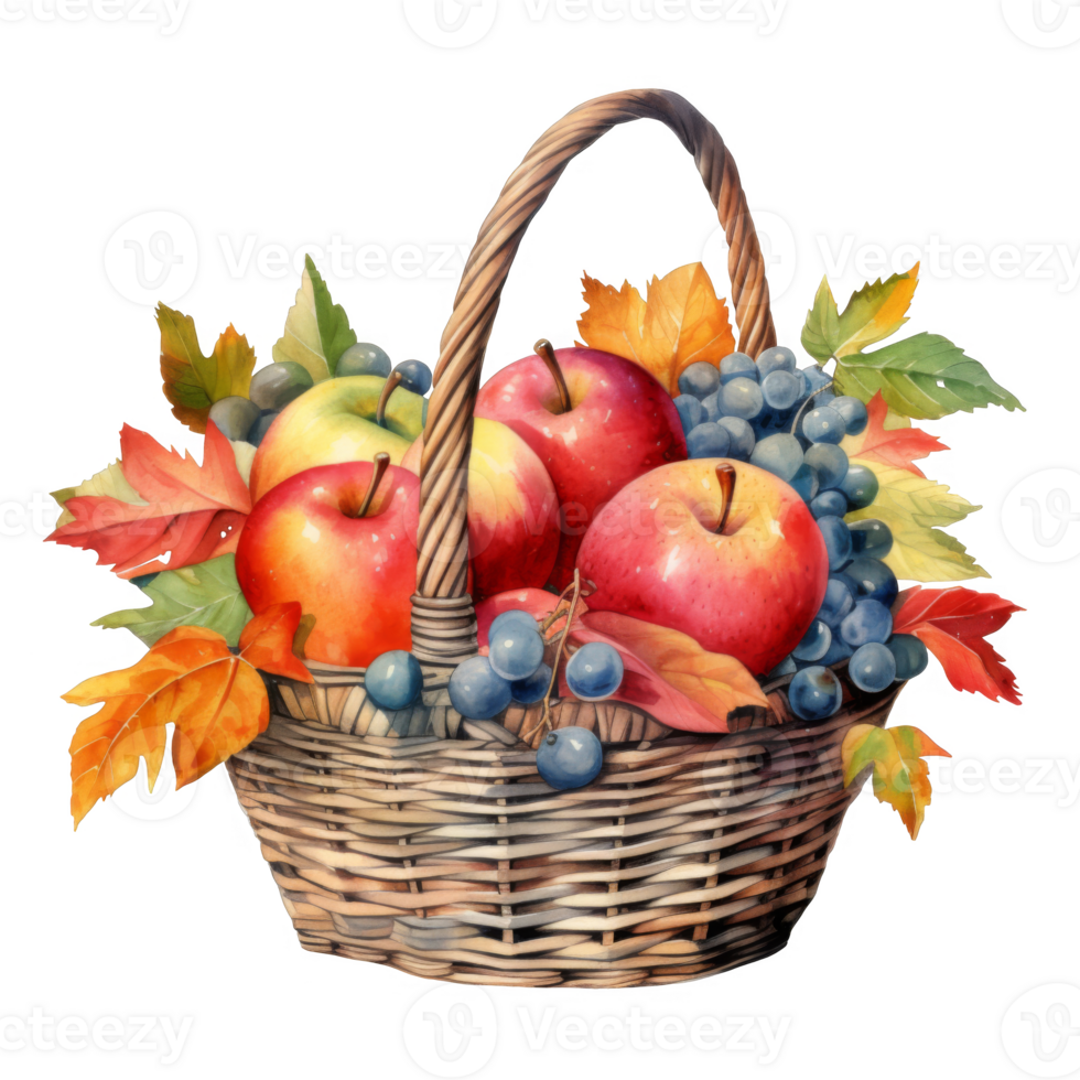 Watercolor Painting of a Wicker Basket Filled with Apples, Grapes, and Autumn Leaves png