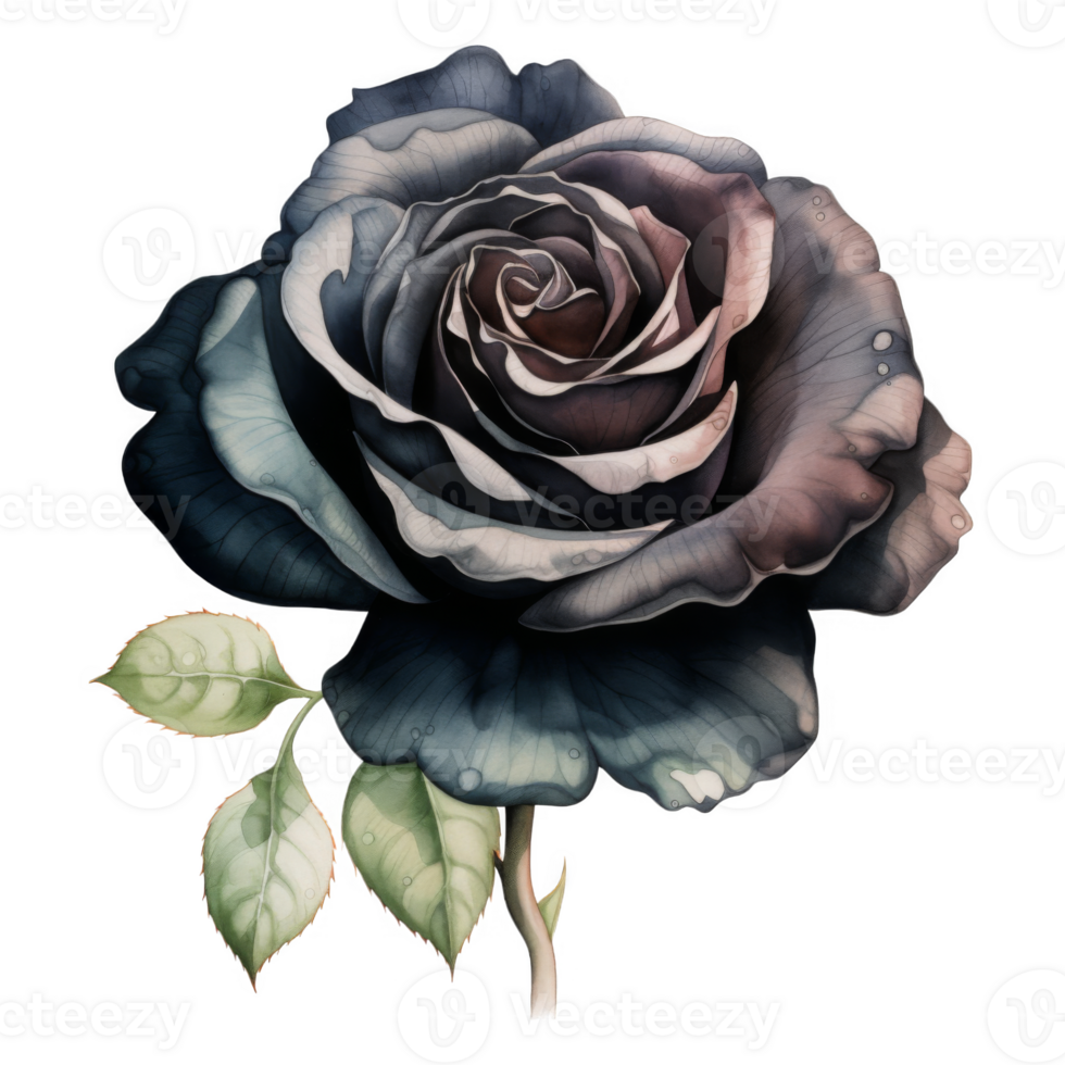 Watercolor Illustration of a Dark Blue Rose with Dewdrops png